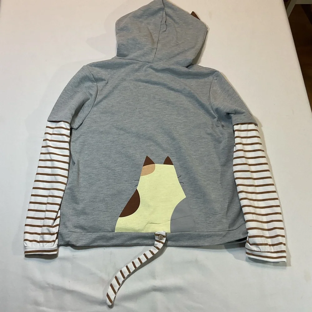 Earth Music‎ & Ecology Kawaii Cat Gray Light Weight Hoodie Detachable Tail